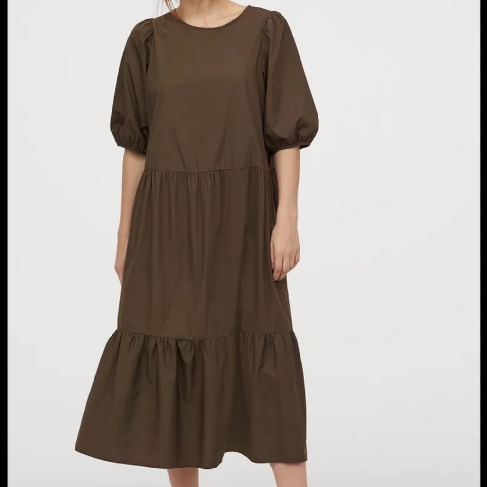 H&M Brown Tiered Ruffled Sundress with Puff Sleeves khaki/ green/ brown